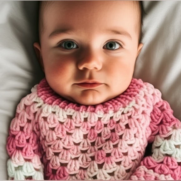 Hand Crafted Other - Handcrafted Child Crochet sweater Pullover Pastel Pink and White ribbed cuff